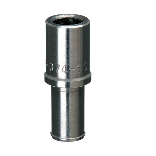 Stainless steel 3/4-inch pipe fitting with a cylindrical design and threaded interior on a white background.