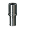 Stainless steel 3/4-inch pipe fitting with a cylindrical design and threaded interior on a white background.