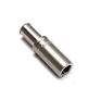 Stainless steel cylindrical sleeve connector with a smooth, polished finish and stepped design.