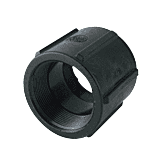 Black threaded plastic pipe coupling fitting with a cylindrical design for plumbing connections.