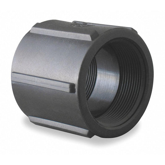 Black threaded PVC pipe coupling with a cylindrical design and ribbed exterior for easy grip.