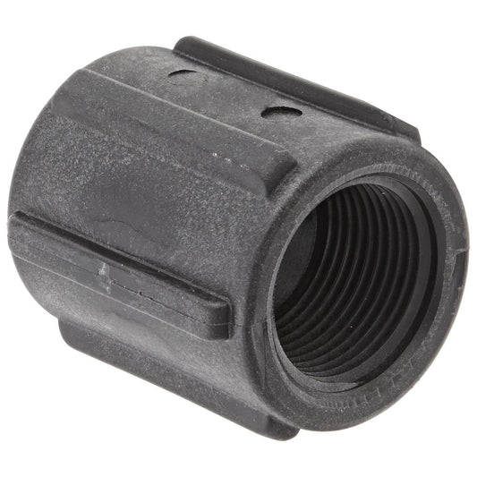 Black plastic threaded pipe coupling with a ribbed exterior for easy grip and secure connection.