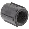 Black plastic threaded pipe coupling with a ribbed exterior for easy grip and secure connection.