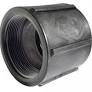 Black threaded pipe coupling with a durable cylindrical metal design for secure industrial plumbing connections.