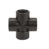Black plastic four-way cross pipe fitting with threaded internal connections for plumbing systems.