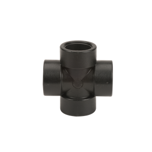 Black CR150 cross pipe fitting with four threaded ports, made of durable industrial-grade plastic.