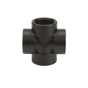Black CR200 (B) four-way cross pipe fitting with threaded internal ports for plumbing connections.