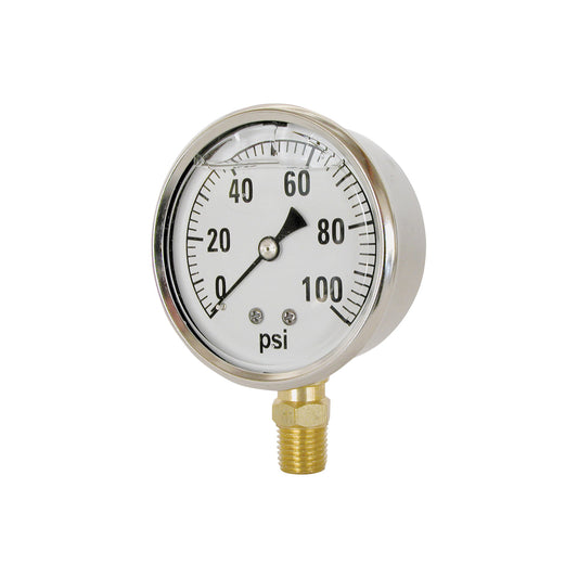 Round 100 psi pressure gauge with a stainless steel case, white dial, and brass bottom connection fitting.