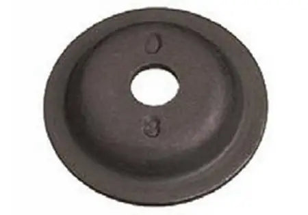 D5 circular black metal washer with a central hole and stamped markings on a white background.