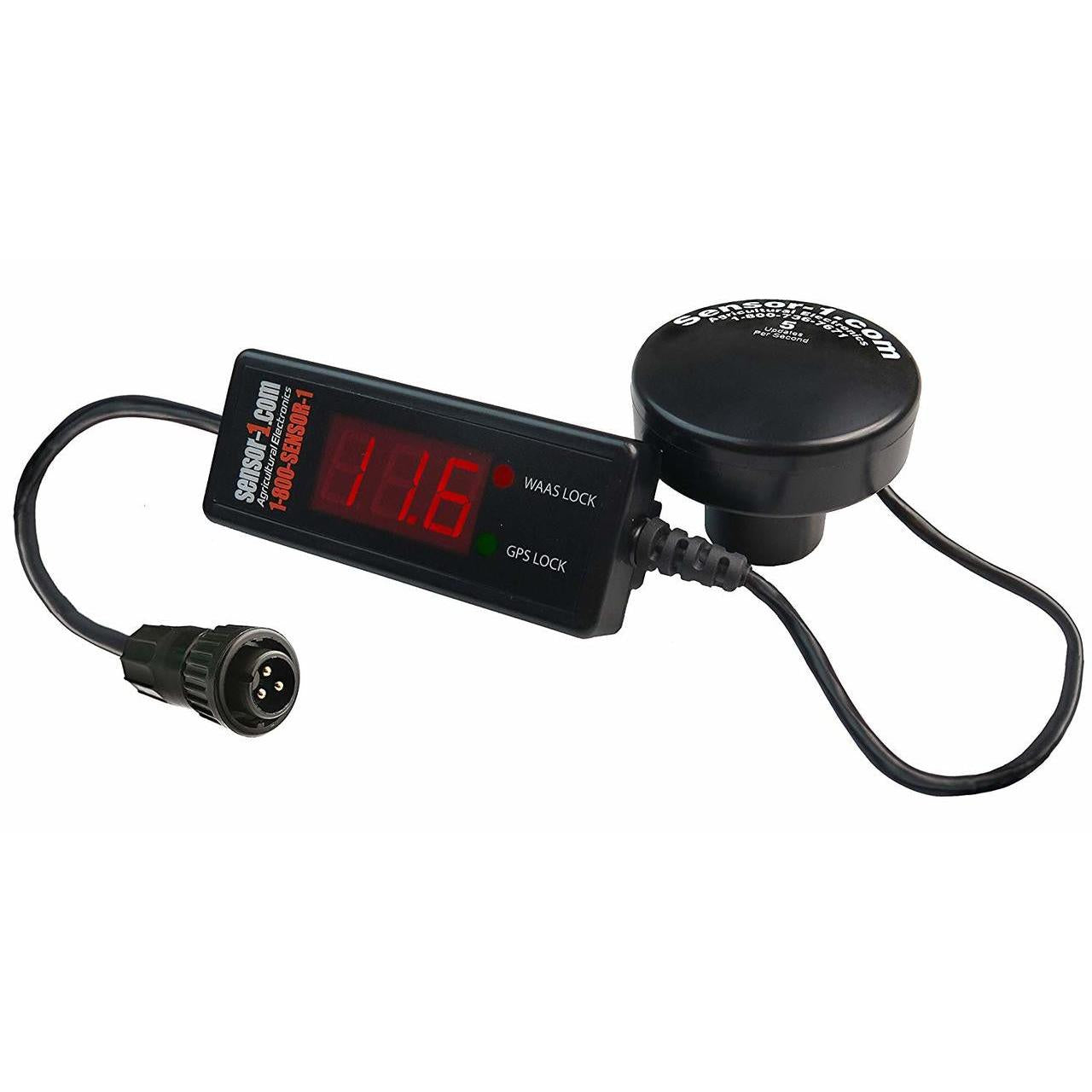 Black GPS speed sensor with a digital red LED display, round antenna, and a three-pin connector cable.