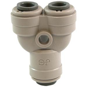 DTLMDV14 gray plastic Y-splitter push-fit connector for water lines with two top ports and one bottom port.