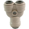Light gray plastic Y-shaped push-fit connector with two top ports and one bottom port for water tubing systems.