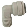 Gray plastic 90-degree elbow push-to-connect fitting with NPTF threaded end for pneumatic or water tubing systems.