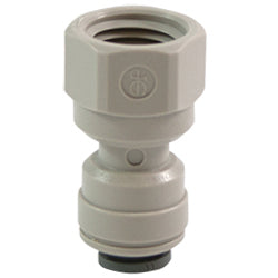 Grey plastic push-fit female adapter fitting with a threaded connection for water filtration systems.
