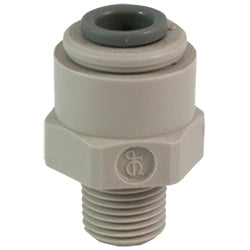 Gray plastic male connector fitting with a threaded base and push-fit top for pneumatic or water tubing systems.