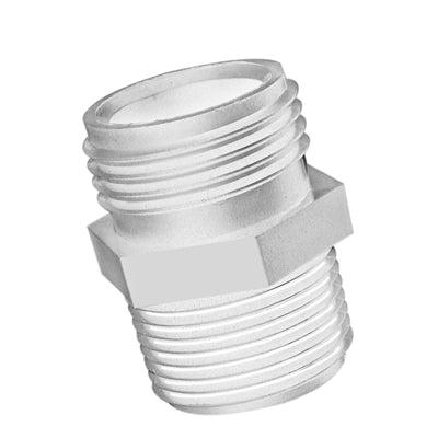White plastic male-to-male threaded pipe adapter with a central hexagonal nut for easy installation.