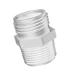White plastic male-to-male threaded pipe adapter with a central hexagonal nut for easy installation.