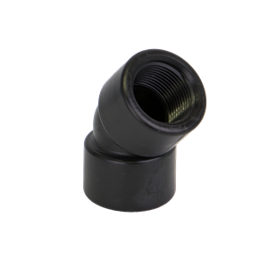 Black 45-degree threaded elbow pipe fitting made of durable plastic for plumbing and industrial connections.