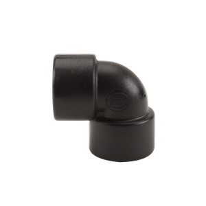 Black 90-degree elbow pipe fitting made of durable plastic for plumbing and irrigation systems.