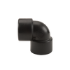 Black 90-degree elbow pipe fitting made of durable plastic for plumbing and irrigation systems.