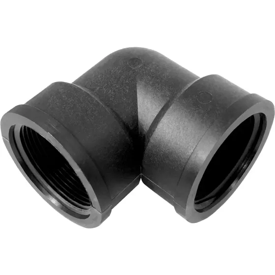 Black plastic 90-degree elbow pipe fitting with threaded internal connections for plumbing applications.