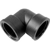 Black plastic 90-degree elbow pipe fitting with threaded internal connections for plumbing applications.