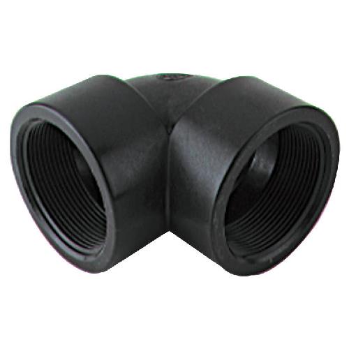 Black plastic 90-degree elbow pipe fitting with threaded female ends for plumbing connections.