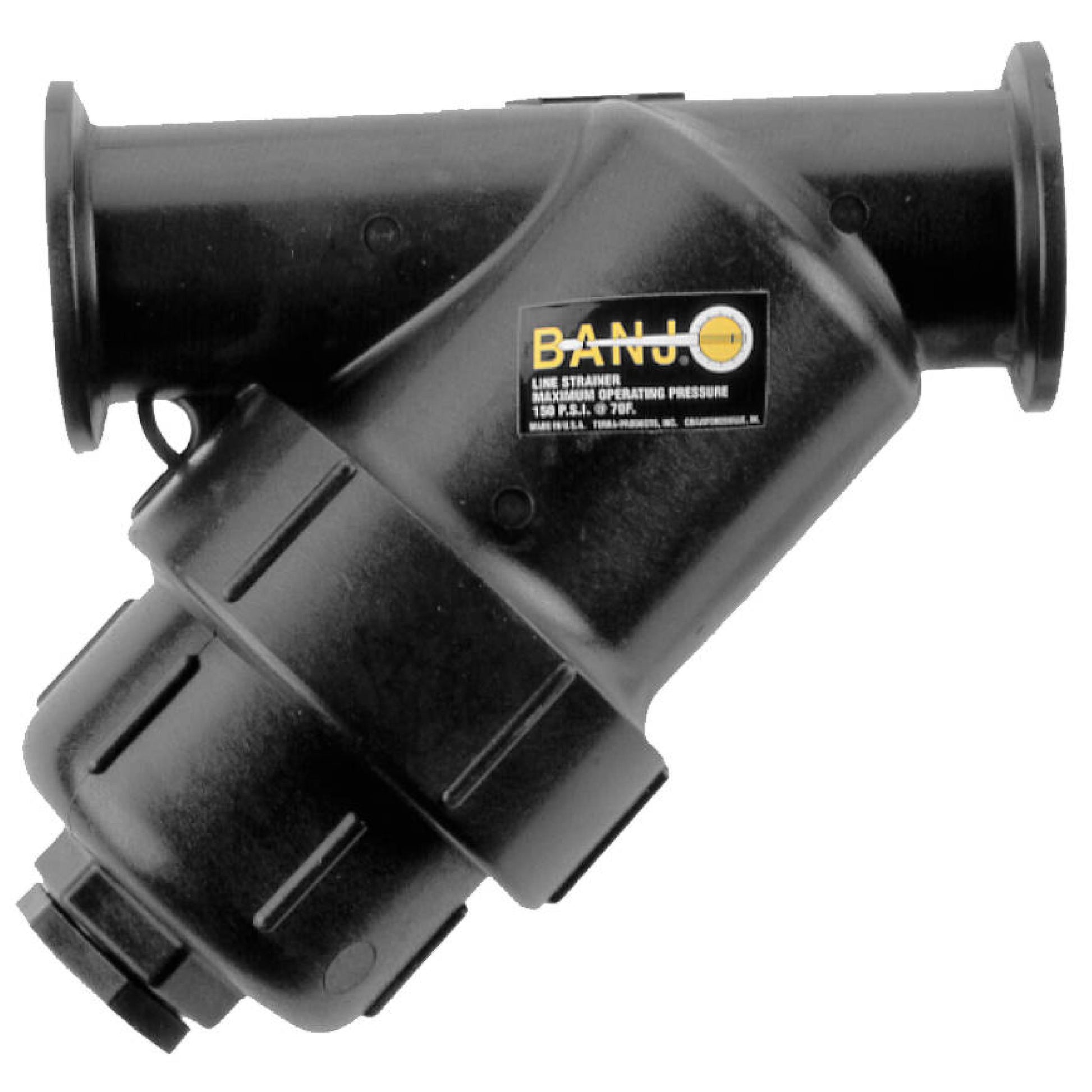 Black Banjo MLS200-20 Y-line strainer with a durable plastic body and 150 PSI maximum operating pressure rating.