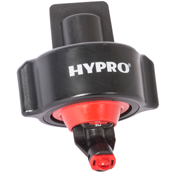 Hypro FC-3D100-04 black and red plastic spray nozzle cap with integrated 3D spray tip for agricultural equipment.