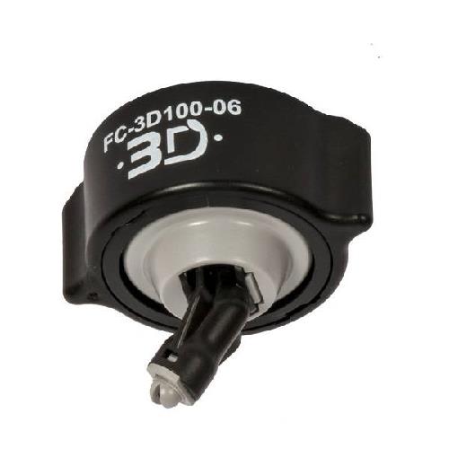 Black FC-3D100-06 circular plastic component with a grey center insert and a small attached black connector arm.
