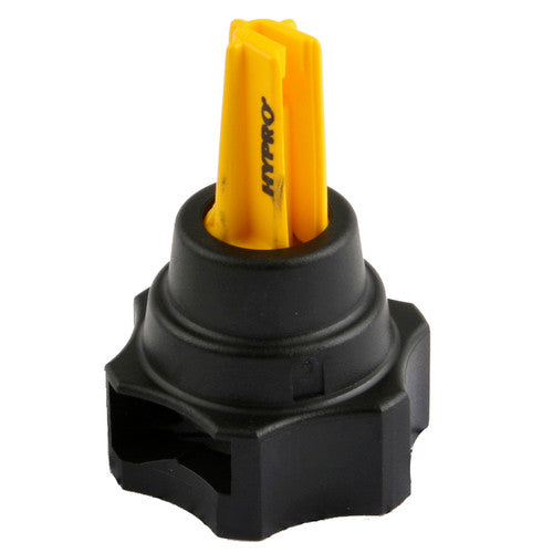 Hypro FC-XT024 spray nozzle cap with a black plastic base and a bright yellow slotted insert for agricultural equipment.