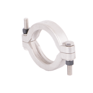 Stainless steel FC220B sanitary pipe clamp with two-piece hinged design and threaded bolt fasteners.