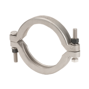 Stainless steel FC300B sanitary clamp with two-bolt locking mechanism for secure pipe connections.