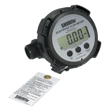 Shurflo FM-1100I electronic flow meter with a black plastic housing, digital LCD screen, and attached calibration tag.