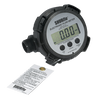 Shurflo FM-1100I electronic flow meter with a black plastic housing, digital LCD screen, and attached calibration tag.