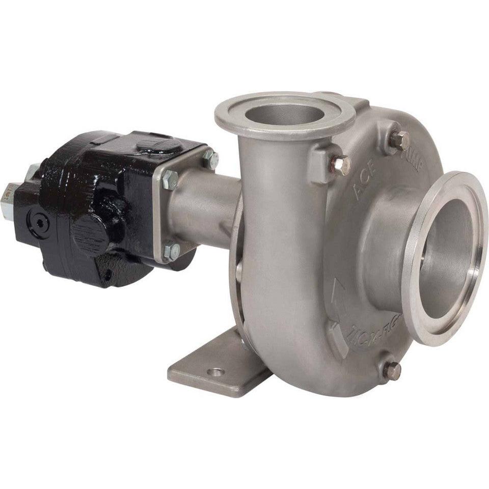 Ace stainless steel hydraulic centrifugal pump with a black motor mount and flanged inlet and outlet ports.