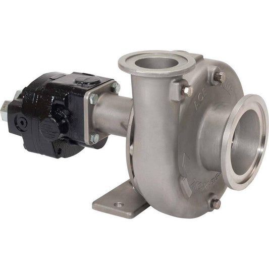 Ace stainless steel hydraulic centrifugal pump with a black motor mount and flanged inlet and outlet ports.