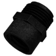 Black plastic G3412P threaded pipe adapter fitting with a hexagonal center nut for secure installation.