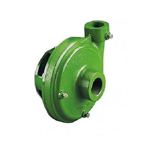 Green cast iron centrifugal pump housing with threaded inlet and outlet ports.