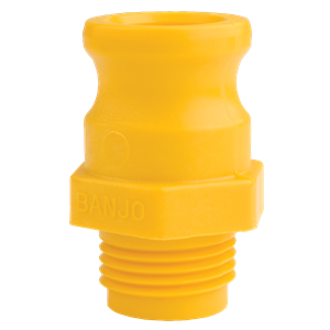 Yellow Banjo GHMT075F polypropylene cam and groove adapter with male NPT threaded end and hexagonal base.