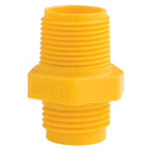 Yellow Banjo plastic male pipe thread adapter with a hexagonal center nut for secure plumbing connections.