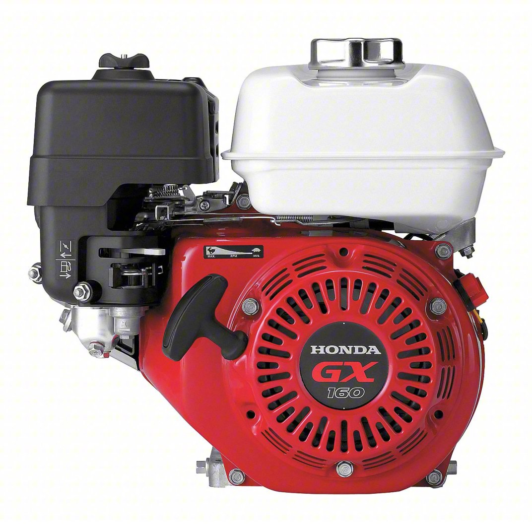 Honda GX160 industrial engine with a red recoil starter housing, white fuel tank, and black air cleaner on a white background.
