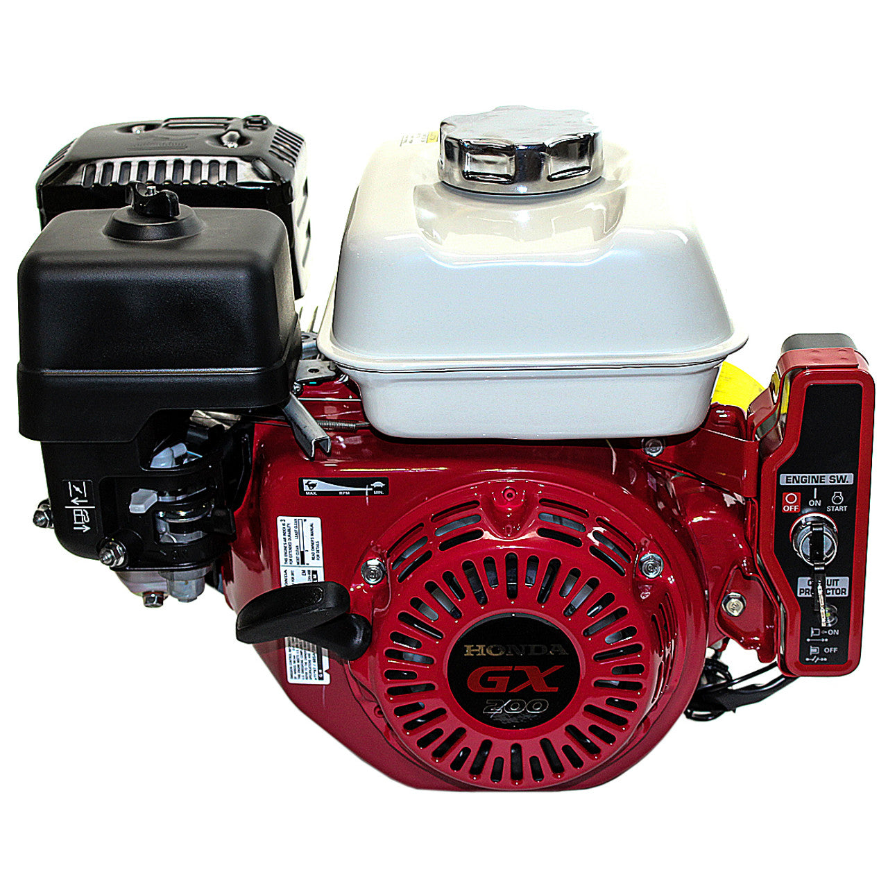 Honda GX200 engine with a red housing, white fuel tank, black air filter, and electric start ignition switch.