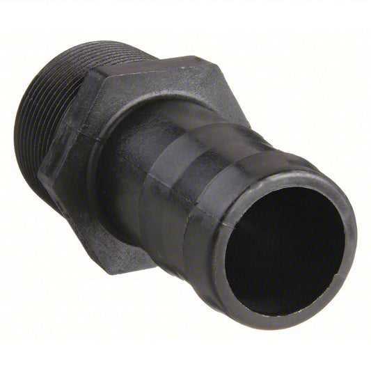 Black plastic male adapter fitting with a hexagonal nut and barbed hose connection end.