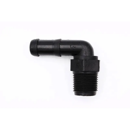 Black 1/2-inch plastic 90-degree elbow hose barb fitting with male NPT threaded end.