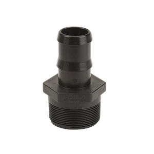 Black polypropylene male pipe thread to hose barb adapter fitting for industrial fluid systems.
