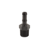Black plastic male pipe thread adapter with a barbed hose connection fitting.