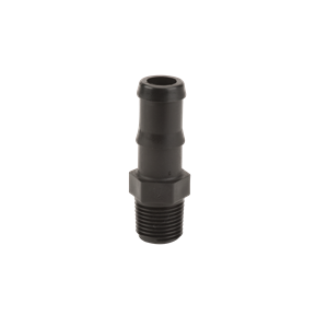 Black plastic HB075-100 hose barb adapter featuring a male threaded end and a ribbed connection point.