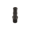Black plastic HB075-100 hose barb adapter featuring a male threaded end and a ribbed connection point.