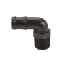 Black plastic 90-degree elbow pipe fitting with a barbed hose connection and a threaded male end.